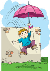 The boy jumps with an umbrella in his hands