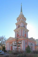 The Church of saints Cyril and Methodius and the bell tower of the Holy cross Cossack Cathedral on Ligovsky Avenue in St. Petersburg