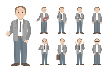 Young Caucasian man standing in different poses. Vector illustration.