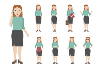 Fototapeta premium Young Caucasian redhead woman standing in different poses. Vector illustration.