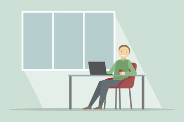 Smiling young man sitting at table, working on laptop and drinking coffee. Vector illustration.