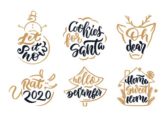 Christmas hand drawn lettering collection, silhouette, labels, emblems, badges, stamps, logos, phrases.  