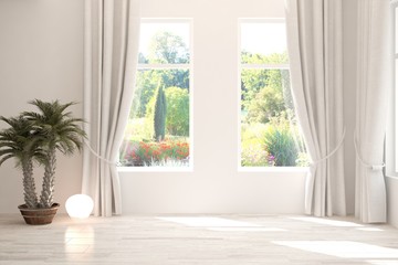 Stylish empty room in white color with summer landscape in window. Scandinavian interior design. 3D illustration