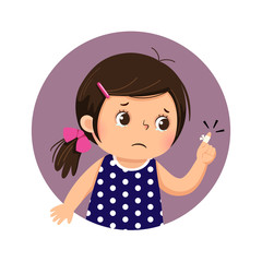 Vector illustration of cartoon sad girl looking at her finger with an adhesive bandage. Health Problems concept.