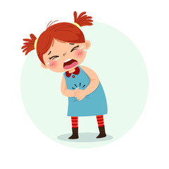 Vector illustration of little girl suffering from stomachache. Health Problems concept.