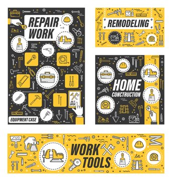 Hose remodeling work tools, home renovation and house construction service. Vector handyman carpentry, masonry and woodwork hand tools, drill and saw, paint, construction hammer and ruler toolkit