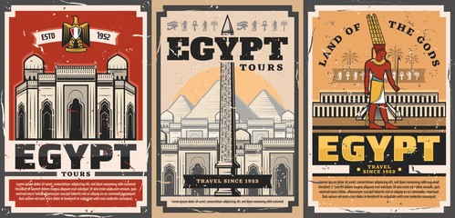 Ancient Egypt travel trips and landmarks sightseeing tours retro vintage posters. Vector ancient Egypt city and culture tourism, Giza pharaoh pyramids and Cairo mosques architecture - obrazy, fototapety, plakaty