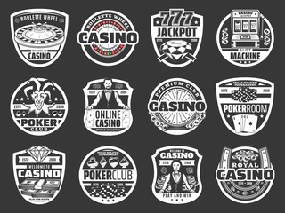 Casino poker game, roulette jackpot money win, golden coins splash. Vector online casino gambling game and wheel of fortune lucky slot machine, playing cards, chip and dice in neon sign