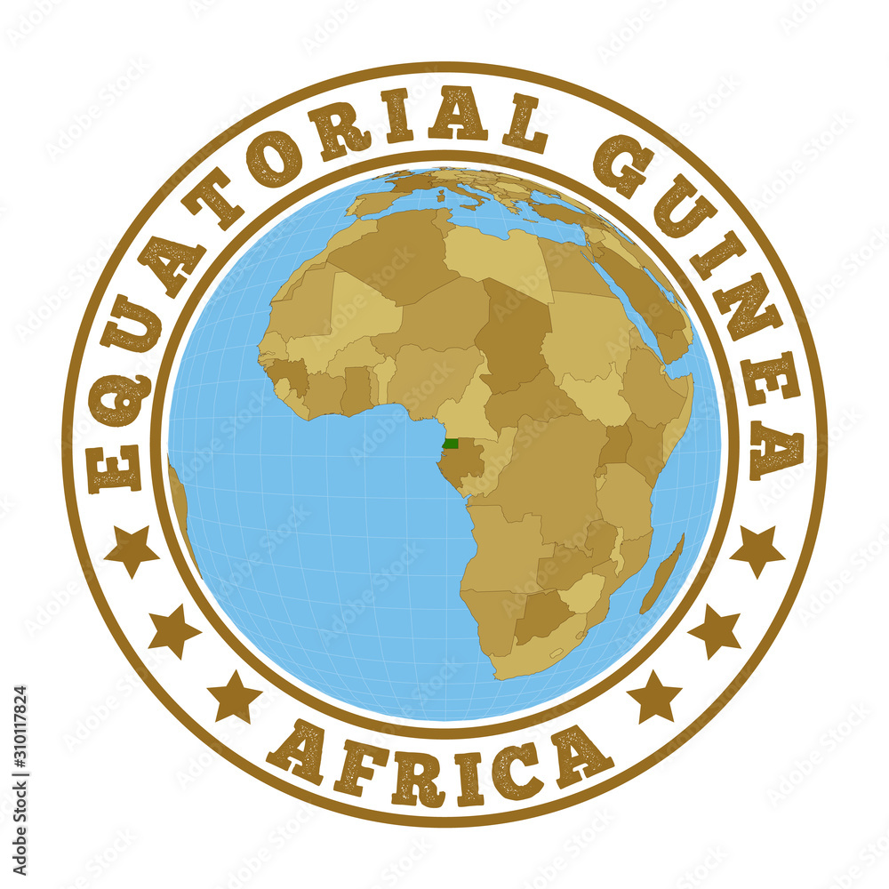 Poster equatorial guinea logo. round badge of country with map of equatorial guinea in world context. count