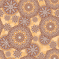 Seamless ornamental oriental pattern. Repeating geometric tiles with mandala. Vector laced decorative background with floral and geometric ornament. Indian or Arabic motive. Boho festival style