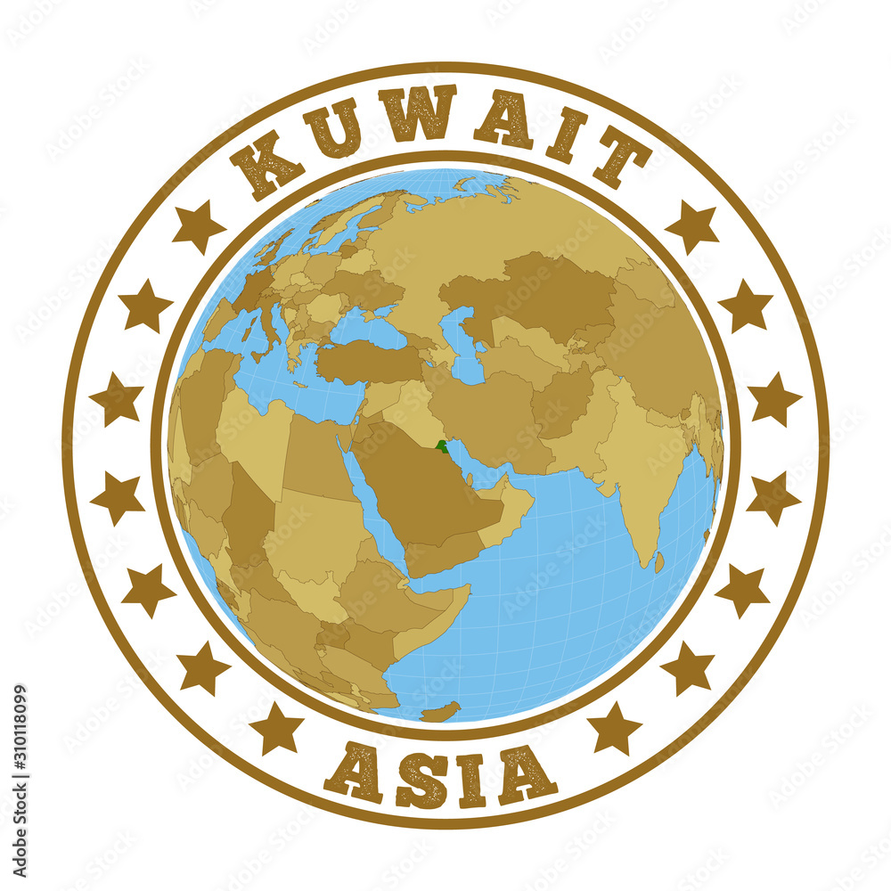 Poster kuwait logo. round badge of country with map of kuwait in world context. country sticker stamp with 