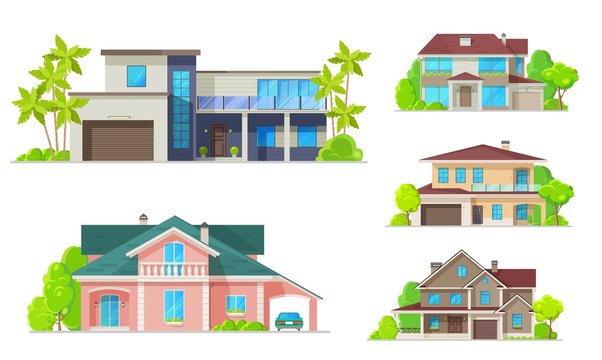 Houses, mansions and residential real estate buildings architecture. Vector modern family cottage houses and villa apartments, urban property terraces, carport garages and luxury private apartments