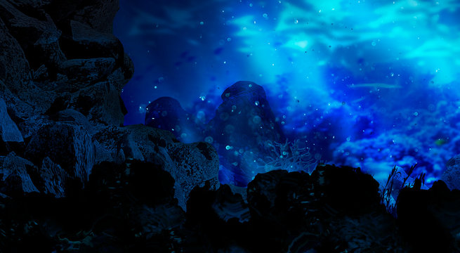 The depths of the sun through the water, the underwater world, the sea floor. Marine underwater landscape. Stones, corals, neon glow, reflection on the water. Night view.