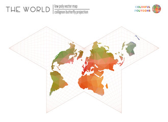 World map with vibrant triangles. Collignon butterfly projection of the world. Colorful polygons. Modern vector illustration.