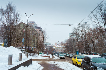 Streets and cars after snow storm in Kyiv, Ukraine on January 28, 2019. 