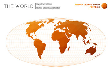 Polygonal world map. Foucaut's sinusoidal projection of the world. Yellow Orange Brown colored polygons. Stylish vector illustration.