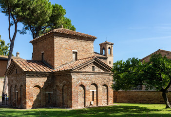  The Mausoleum of Galla Placida in Ravenna, Italy. Small chapel with colorful Byzantine mosaics - one of the UNESCO world heritage site.