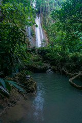 Naklejka premium Limestone waterfall in a green forest