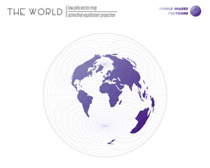Polygonal map of the world. Azimuthal equidistant projection of the world. Purple Shades colored polygons. Contemporary vector illustration.