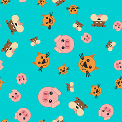 Seamless pattern of pig and dog cat heads.