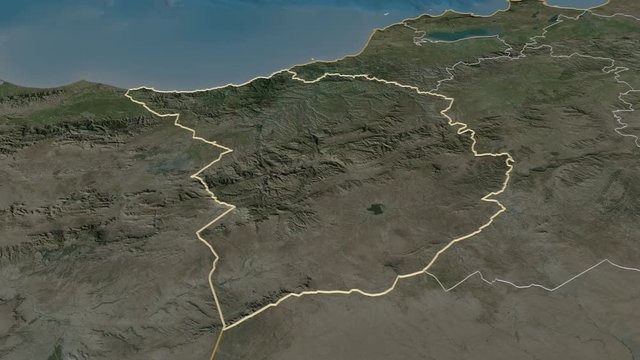 Tlemcen, province with its capital, zoomed and extruded on the satellite map of Algeria in the conformal Stereographic projection. Animation 3D