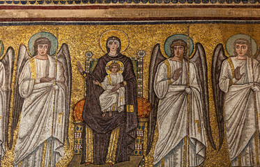  Mosaic of Mary and Jesus between Angels in Basilica of St Apollinare Nuovo in Ravenna, Italy