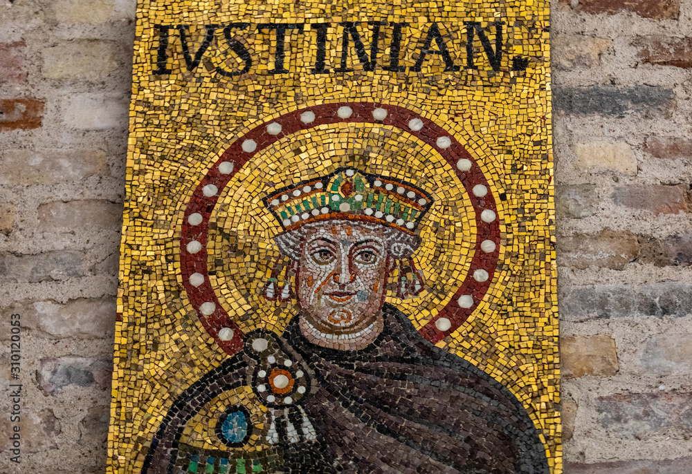 Wall mural  Mosaic of Saint Justinian the Great in Basilica of St Apollinare Nuovo in Ravenna, Italy