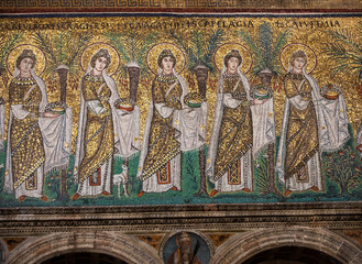  Mosaics on the side wall in Basilica of St Apollinare Nuovo in Ravenna, Italy