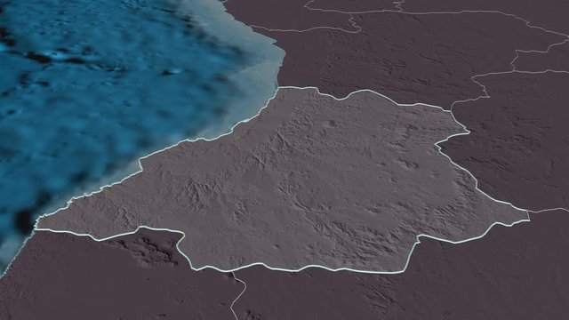 Benguela, province with its capital, zoomed and extruded on the administrative map of Angola in the conformal Stereographic projection. Animation 3D