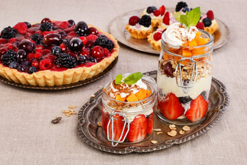 Layer fruit dessert in glass container