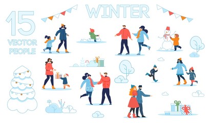 Fototapeta na wymiar People Characters Vector Set with Winter Scenes