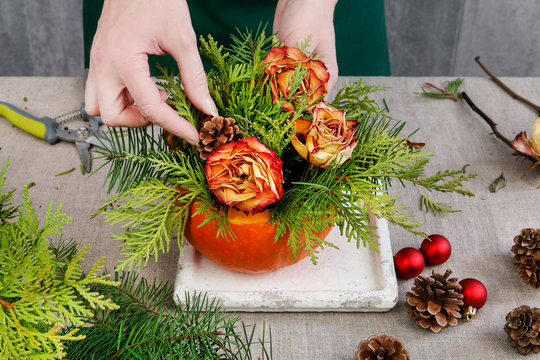 How To Make Long Lasting Christmas Decoration. Floral Arrangement Inside The Pumpkin