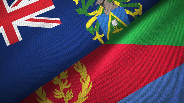Pitcairn Islands and Eritrea two flags textile cloth, fabric texture