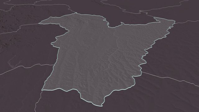 Bi&eacute;, province with its capital, zoomed and extruded on the administrative map of Angola in the conformal Stereographic projection. Animation 3D