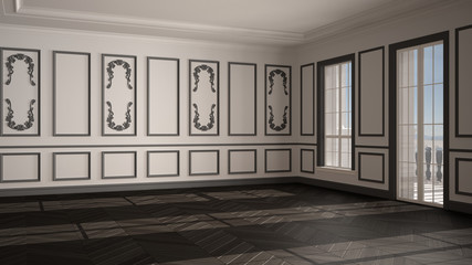 Empty room interior design, open space with white and gray walls with stucco and parquet wooden floor, classic contemporary architecture, no people, mock-up with copy space