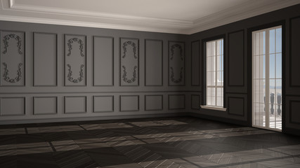 Empty room interior design, open space with white and gray walls with stucco and parquet wooden floor, classic contemporary architecture, no people, mock-up with copy space