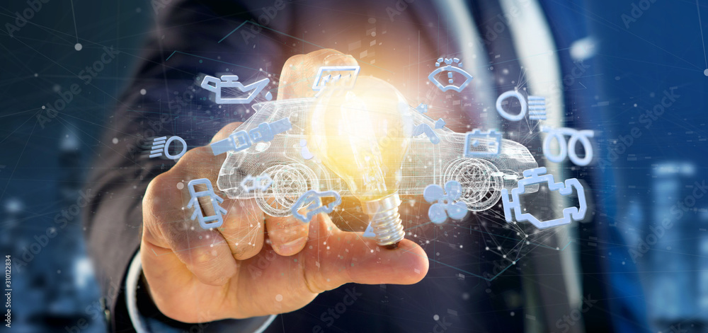 Aufkleber man holding smartcar icon around an automobile 3d rendering
