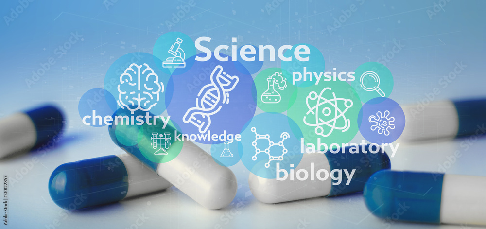 Poster view of a science icons and title on a lab background