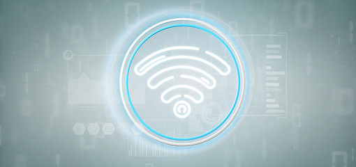 Wifi icon with stats and binary code 3d rendering