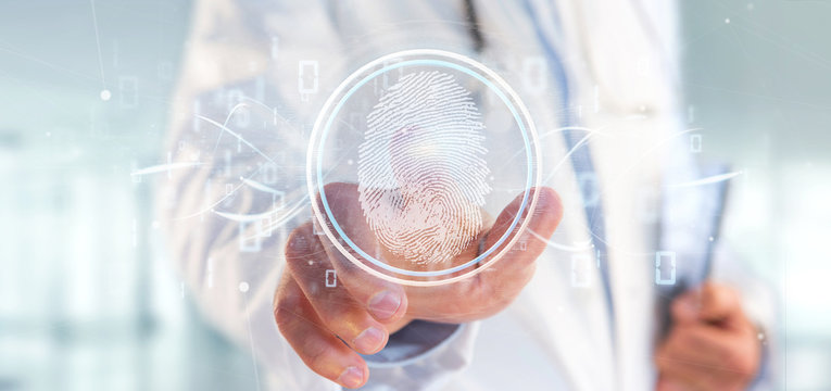 Doctor holding a Digital fingerprint identification and binary code 3d rendering - Powered by Adobe