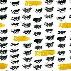 Seamless pattern of black and gold stains. Abstract minimal backdrop of ink spots.