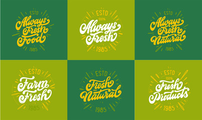 Set of always fresh produst, lettering phrases. Vector illustration stamps. © Olesia