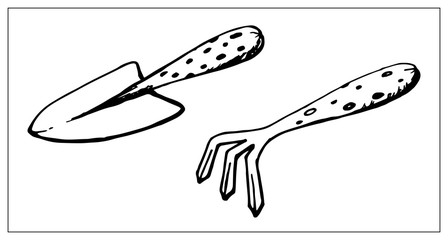 Vector silhouettes of hand held rake and shoulder blades for gardening.