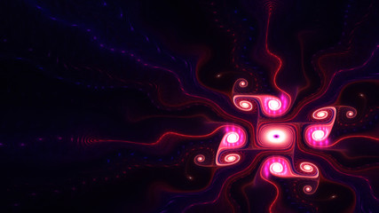 Abstract fractal art with blue and red purple glow on a dark black background. Beautiful fractal illustration for creative graphic design