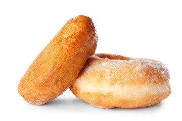 Sweet tasty donuts on white background
