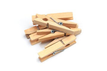 Brown wood clothes peg or clothespin on white background. - Image