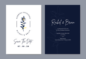 Elegant wedding invitation card with flower logo and royal blue color Premium Vector