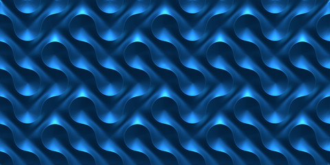 Pantone 2020 blue metallic shiny seamless pattern waves light and shadow. Wall decorative panel 3d illustration