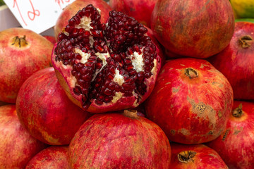 Fresh pomegranates for sale in Jerusalem's Machane Yehuda outdoor market.
