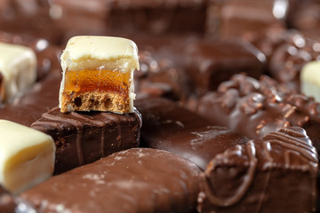 Appetizing food background. Assortment of chocolate handmade close up. Chocolate background. 